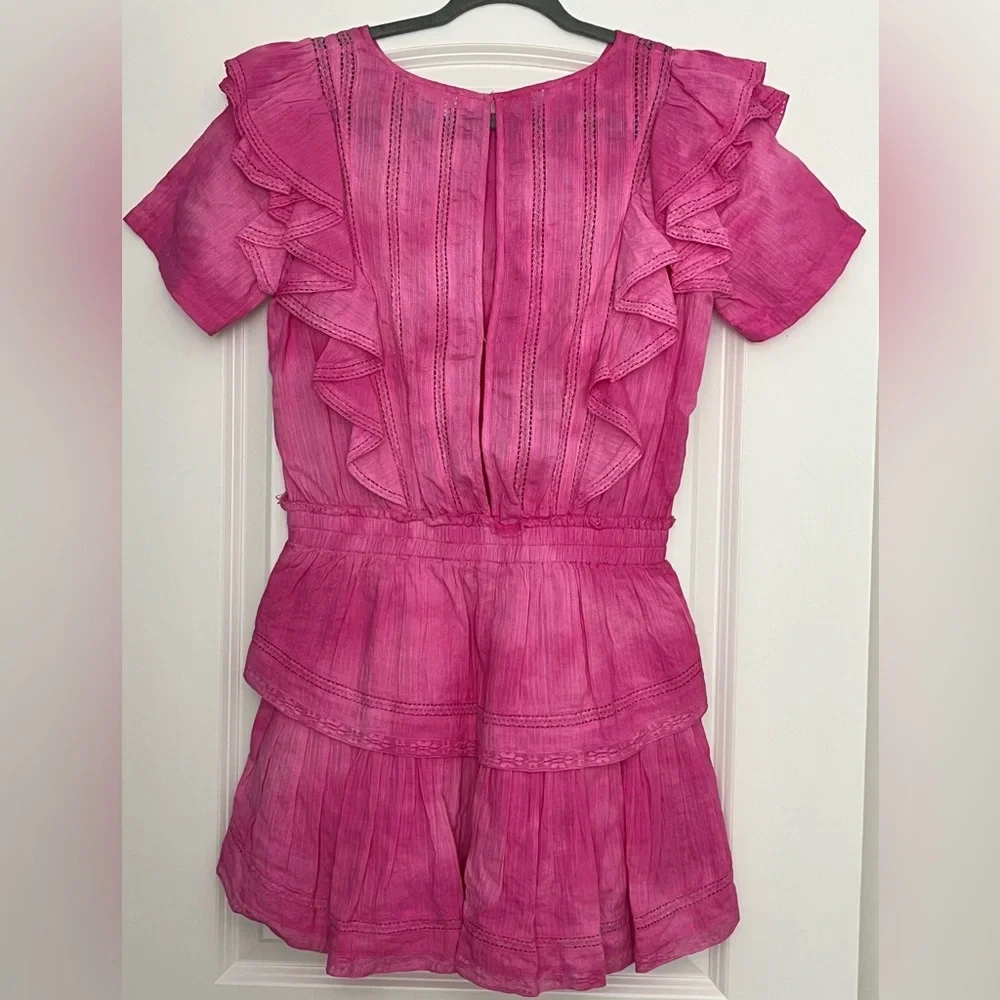 LoveShackFancy Natasha ruffled tiered mini dress dark pink lined elastic waist L - Picture 2 of 8